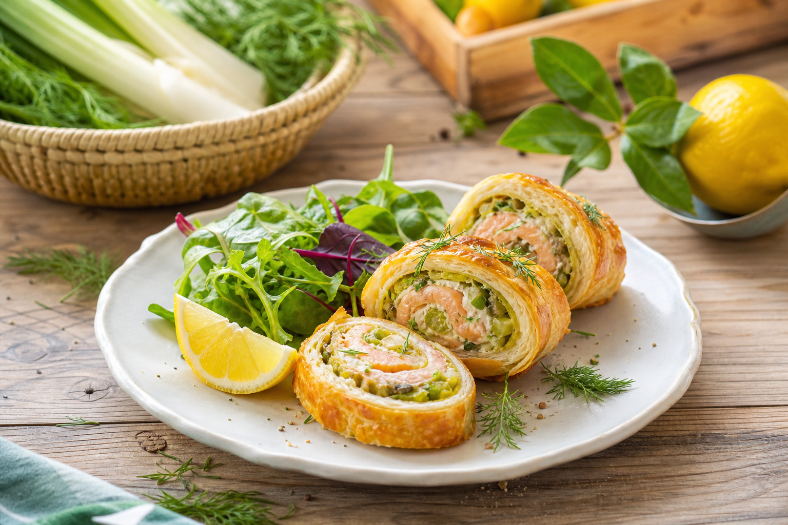 Roulés feuilletés aux poireaux fondants, saumon et fromage frais aux herbes