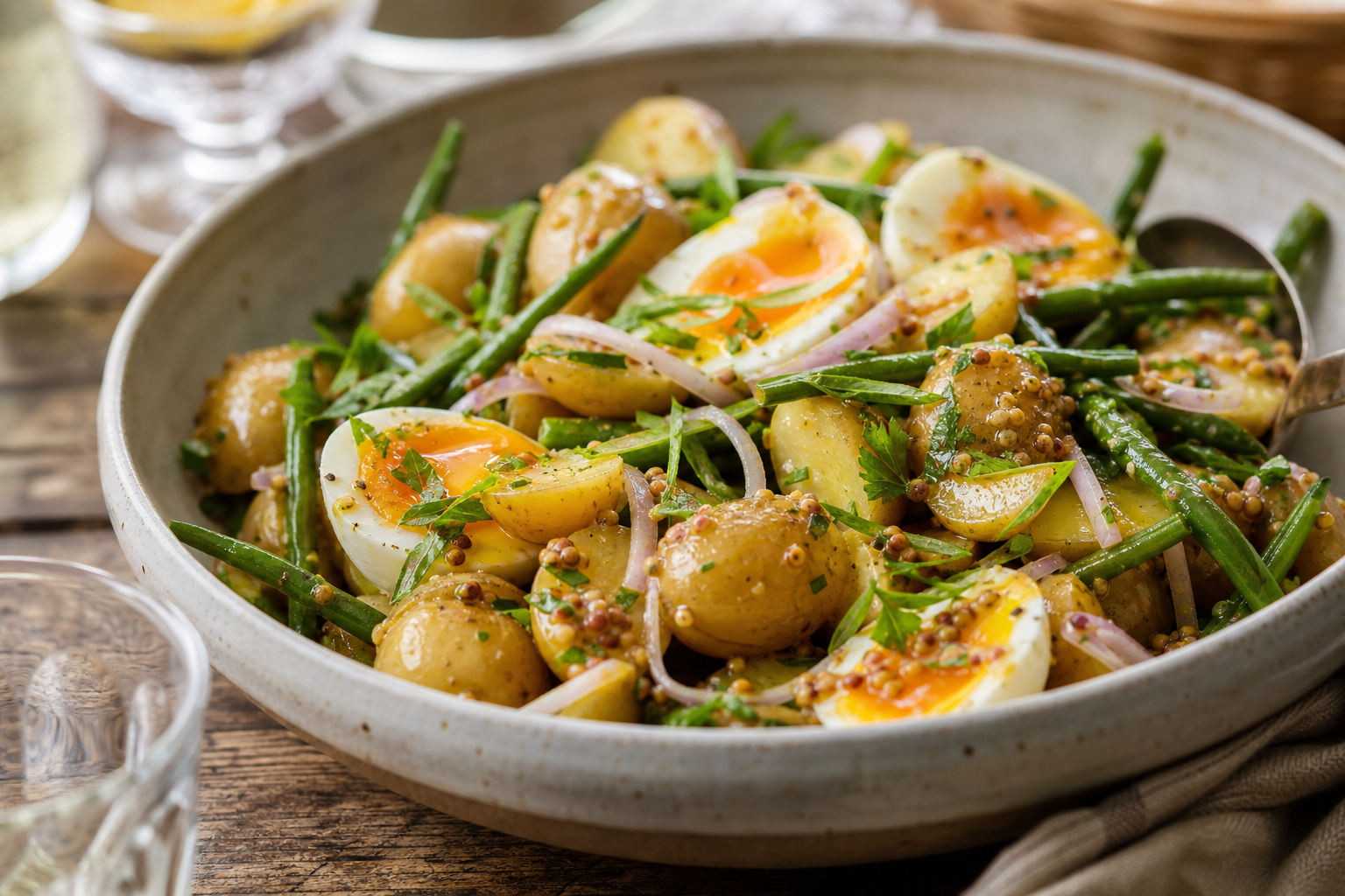 Salade tiède de pommes de terre nouvelles, œufs mollets, haricots verts et vinaigrette à l’ancienne