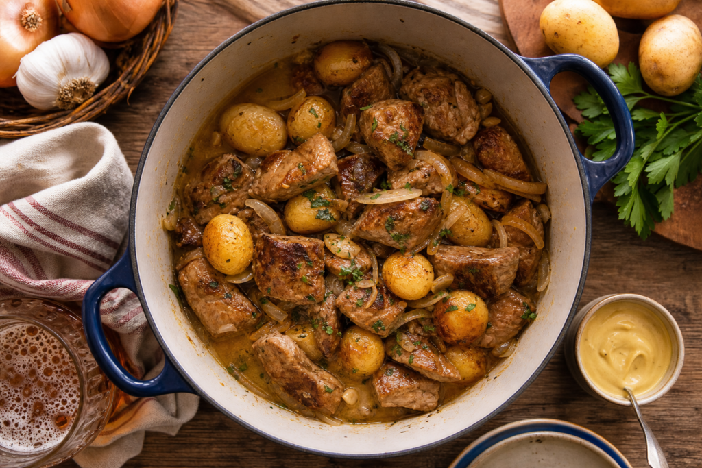 Sauté de porc à la bière blonde, moutarde douce et pommes de terre rissolées — illustration 1