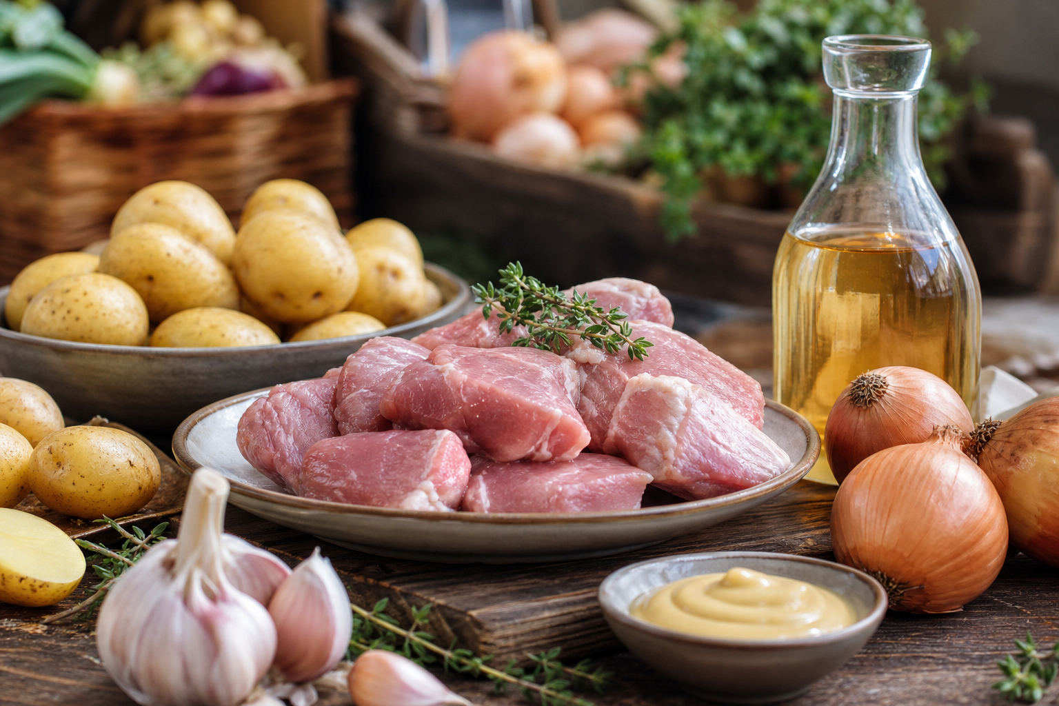 Sauté de porc à la bière blonde, moutarde douce et pommes de terre rissolées