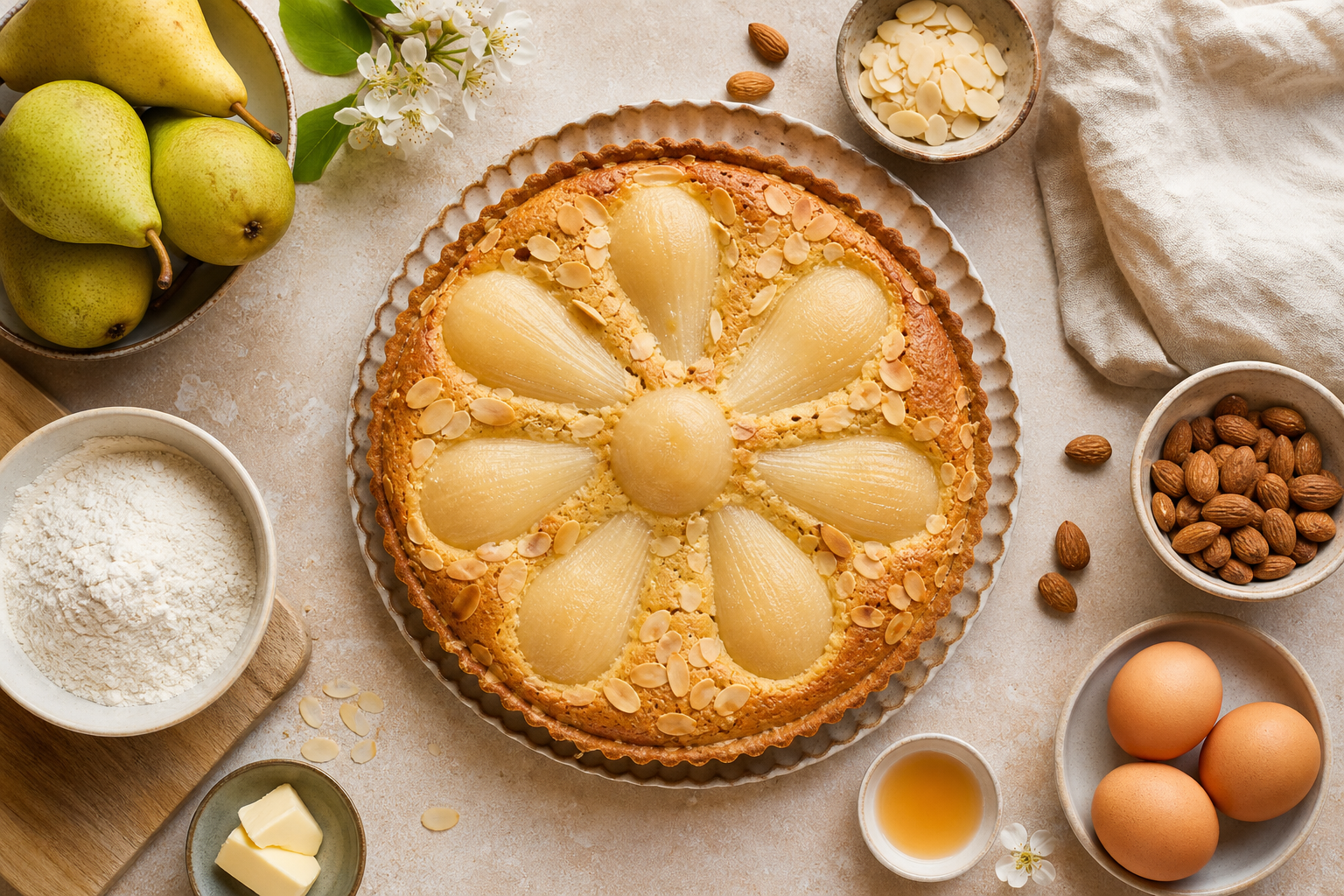 Tarte bourdaloue revisitée à la poire Williams et crème d’amande à la fleur d’oranger
