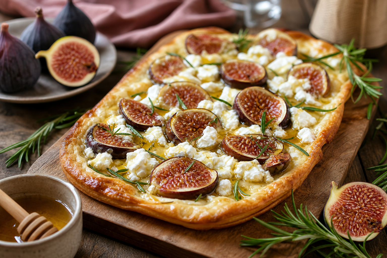 Tarte fine aux figues, chèvre frais et miel de romarin