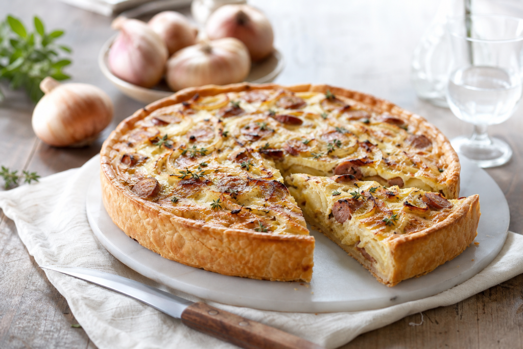 Tarte salée aux oignons de Roscoff, andouille et pommes fondantes — illustration 1