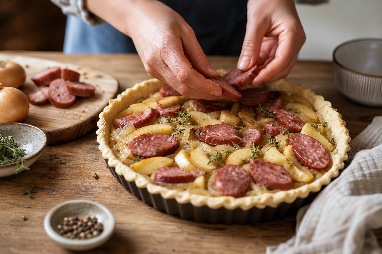Tarte salée aux oignons de Roscoff, andouille et pommes fondantes