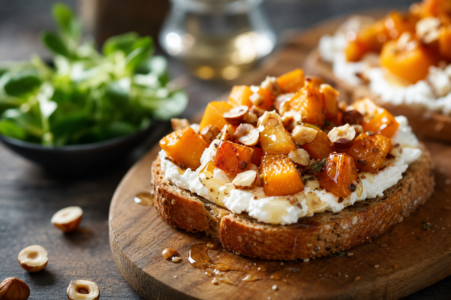 Tartines gourmandes de butternut rôtie, chèvre frais, miel et noisettes