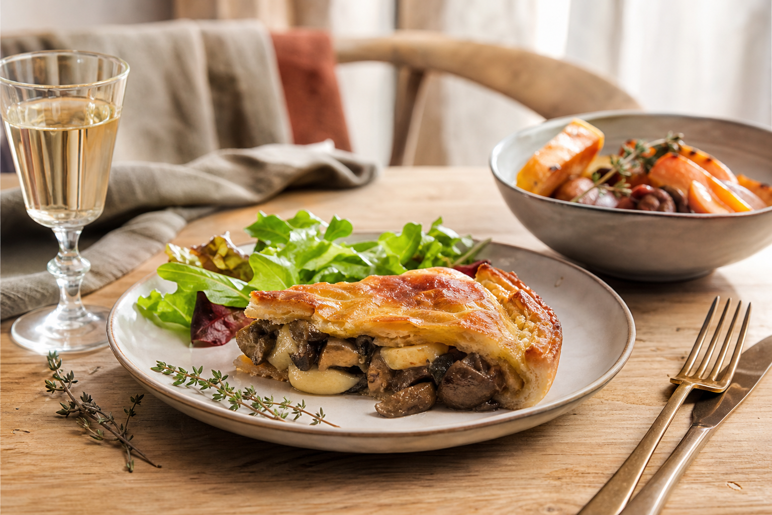 Tourte rustique aux champignons, marrons et reblochon, oignons confits au thym