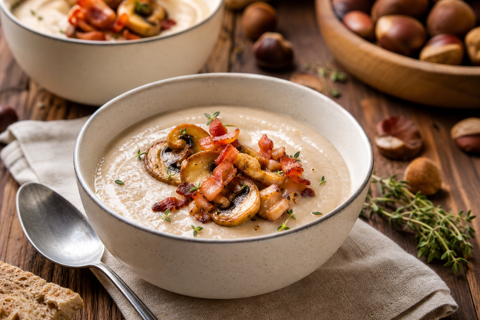 Velouté de châtaignes, champignons et lardons croustillants
