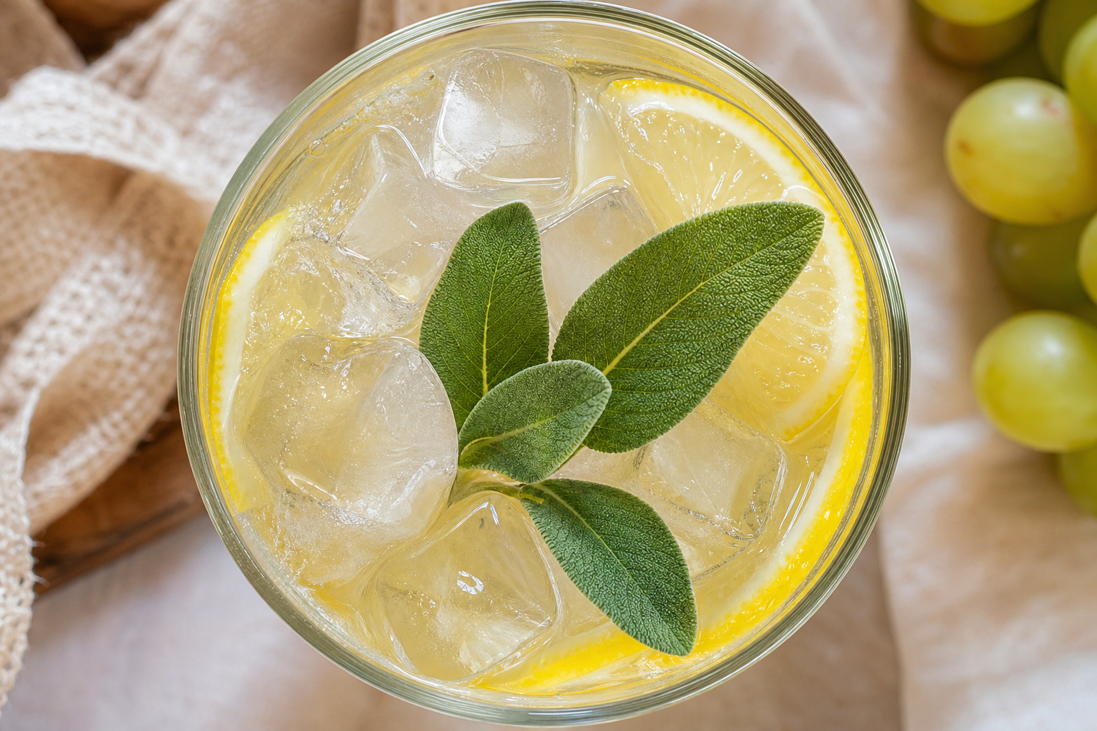 Virgin gin tonic au raisin blanc, citron jaune et feuilles de sauge