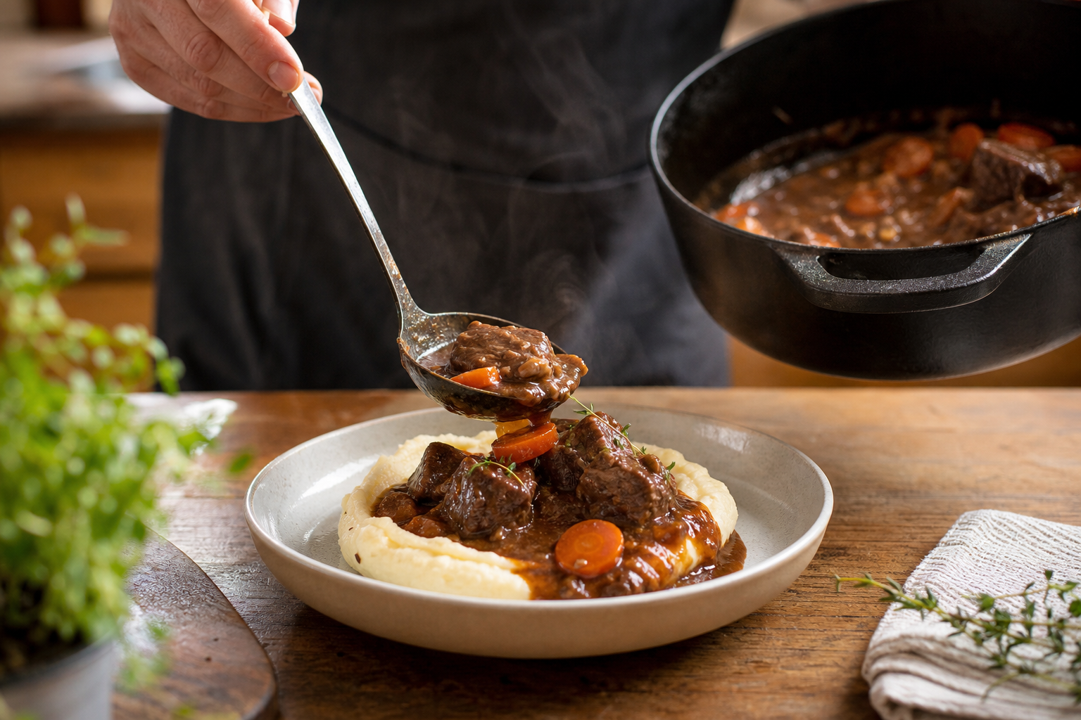 Bœuf mijoté à la bière brune, pain d’épices et carottes fondantes