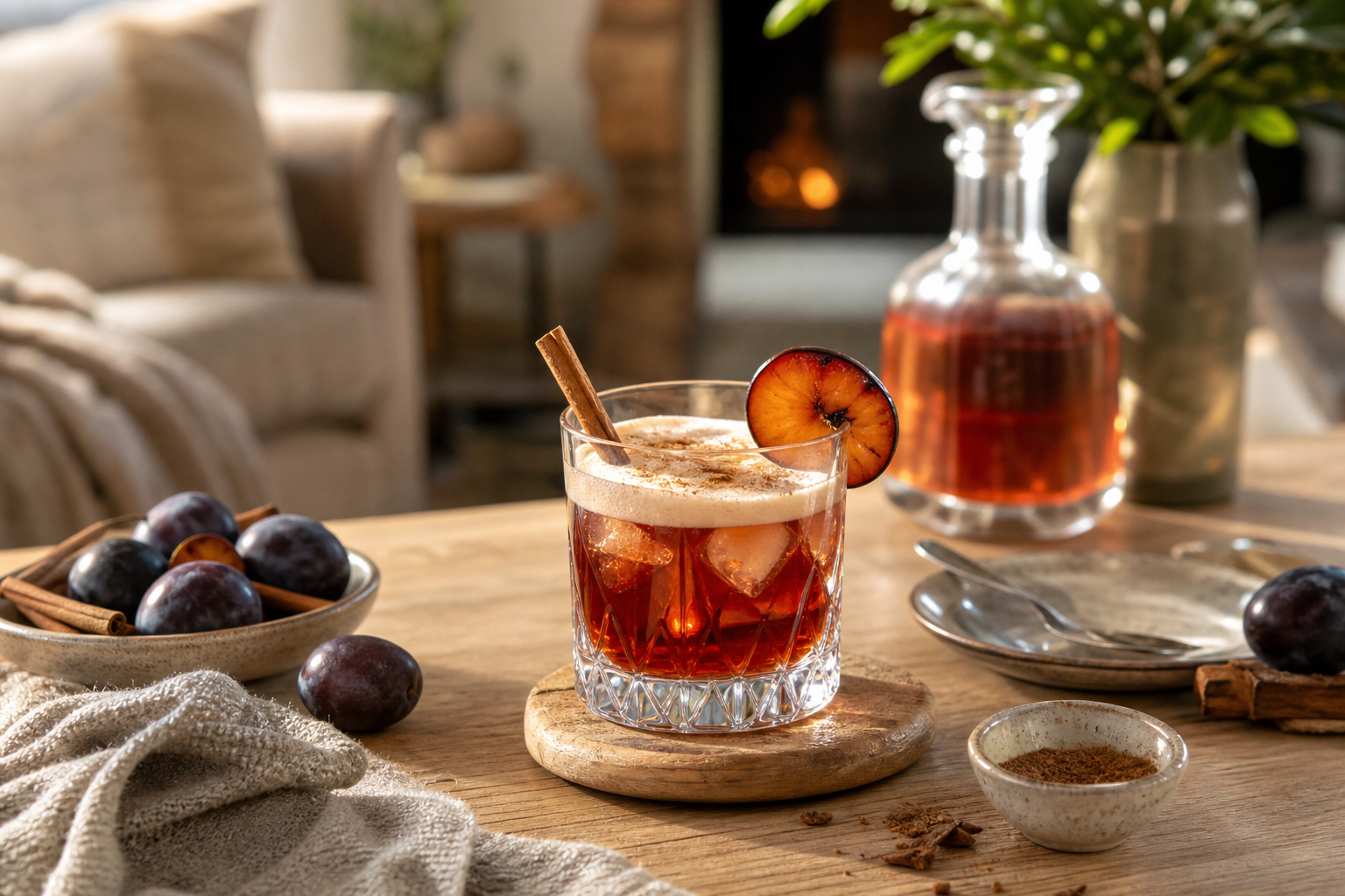 Cocktail à la prune rôtie, cognac et vermouth rouge, mousse légère à la cannelle