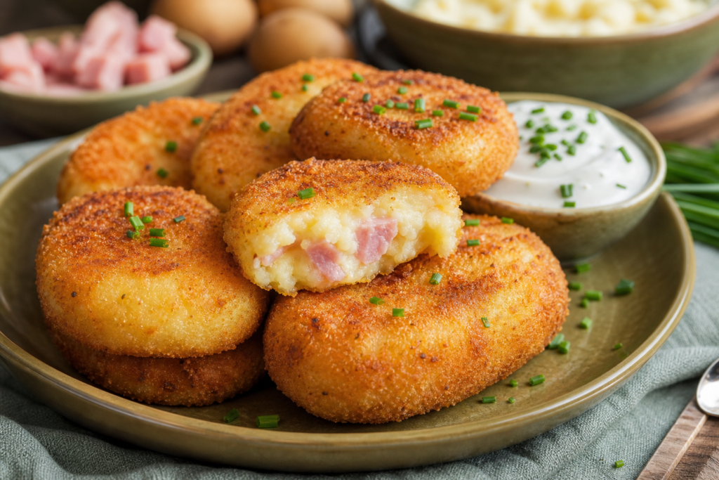 Croquettes de pommes de terre au fromage et jambon, sauce yaourt ciboulette — illustration 1