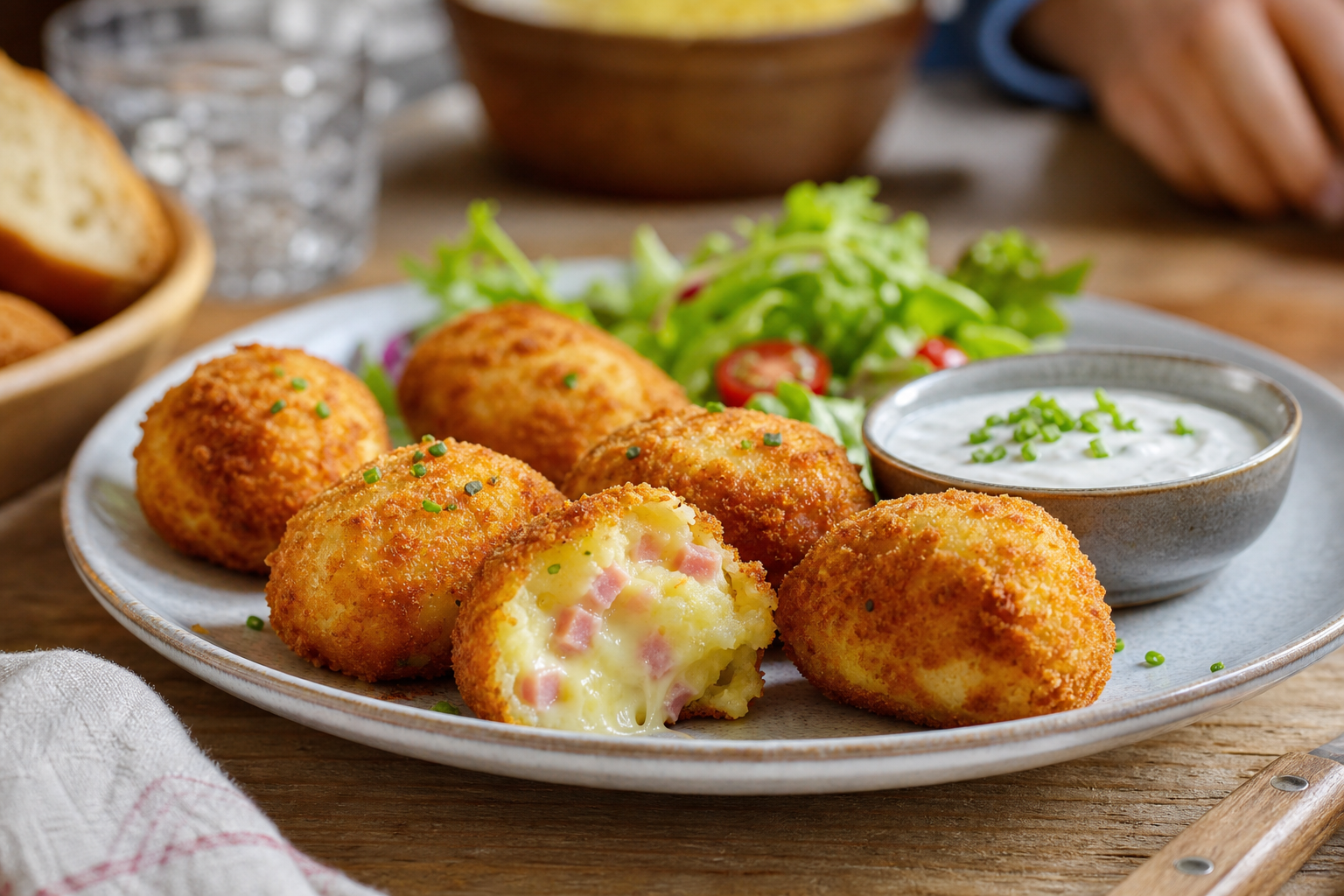 Croquettes de pommes de terre au fromage et jambon, sauce yaourt ciboulette