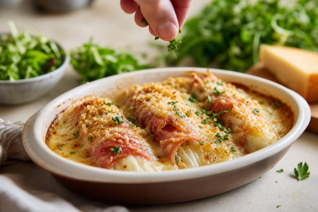 Gratin d’endives au jambon cru et béchamel au comté, chapelure dorée — illustration 1
