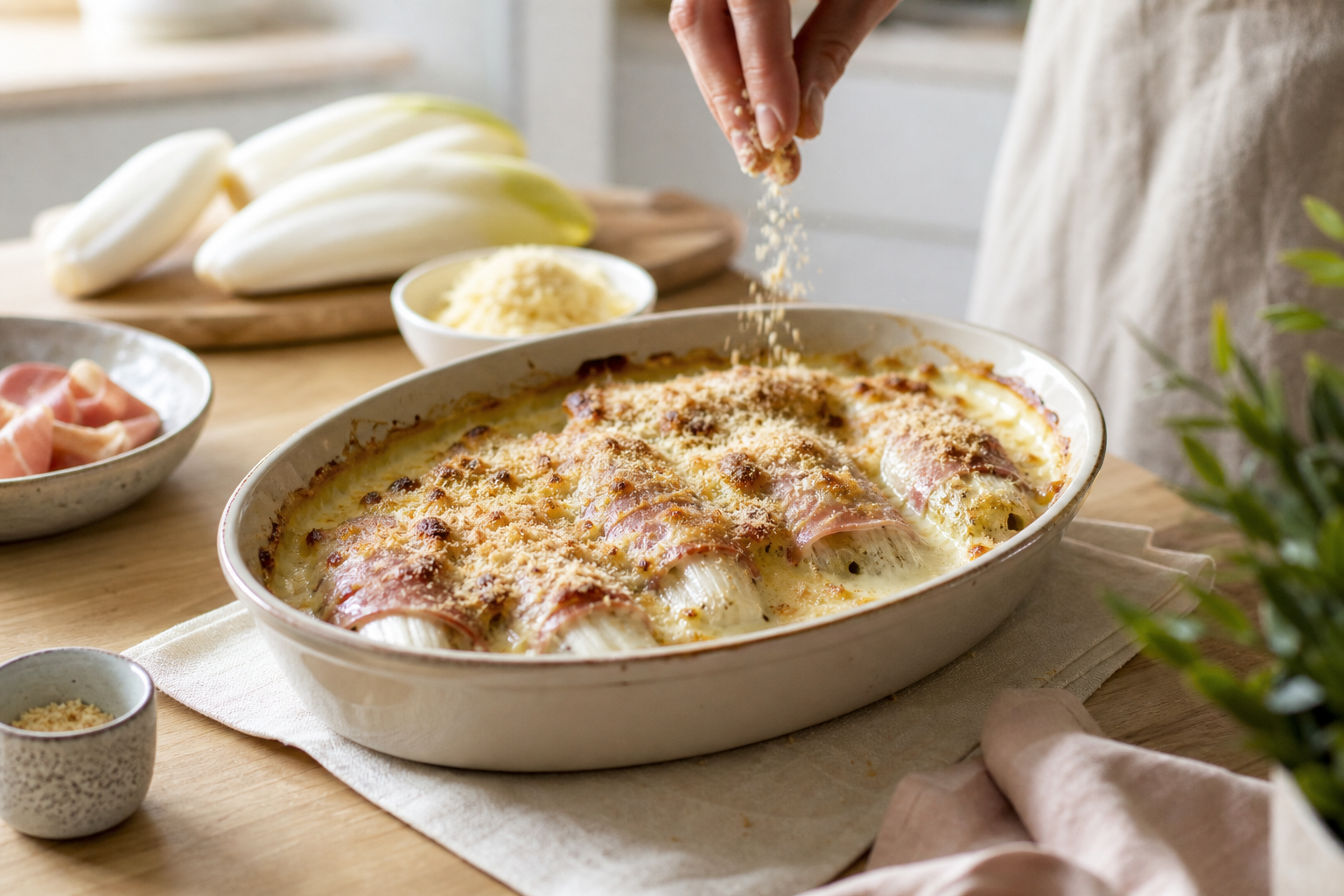 Gratin d’endives au jambon cru et béchamel au comté, chapelure dorée