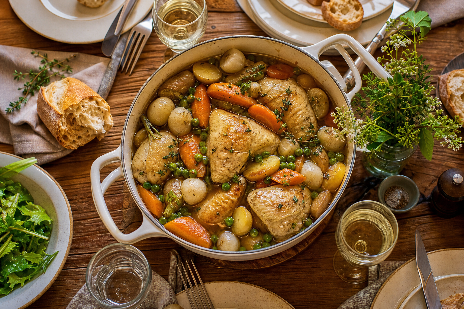 Navarin de poulet fermier aux légumes printaniers et jus au thym