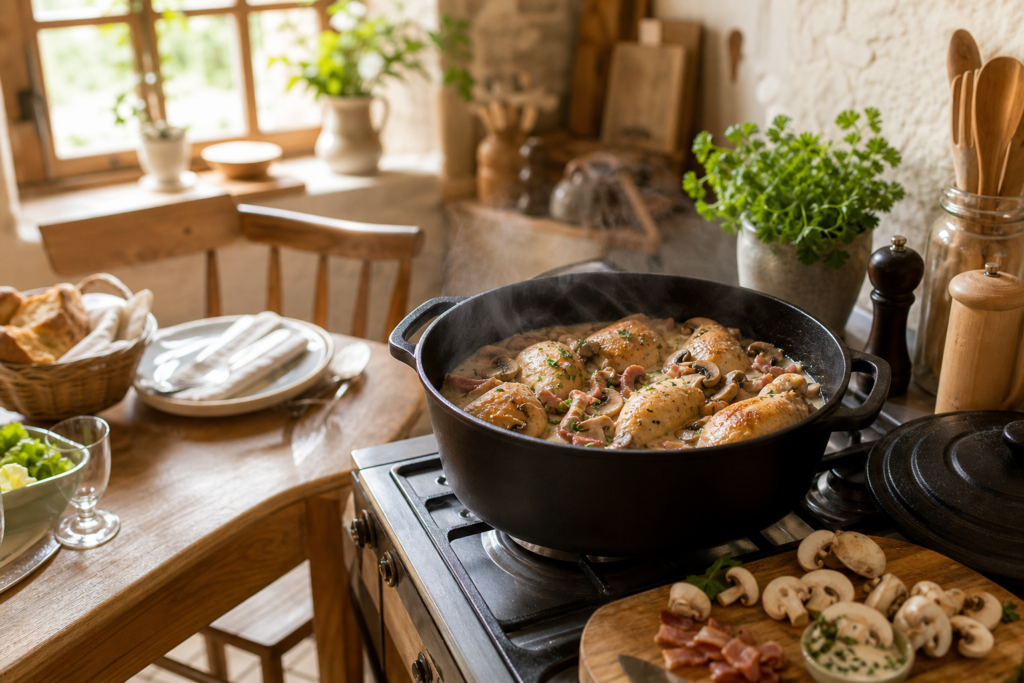 Poulet fermier à l’ancienne aux champignons, lardons fumés et sauce à la crème — illustration 1