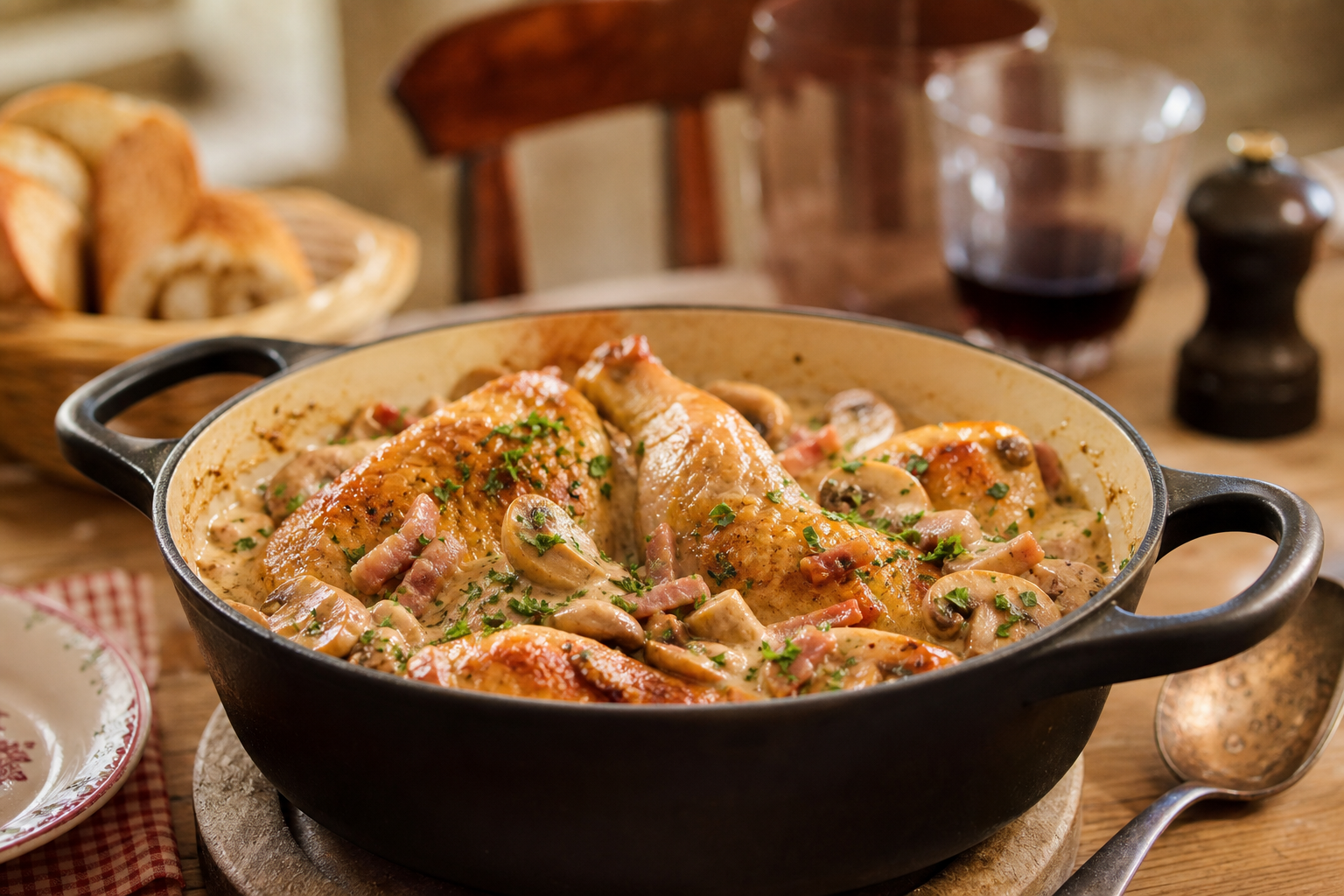 Poulet fermier à l’ancienne aux champignons, lardons fumés et sauce à la crème