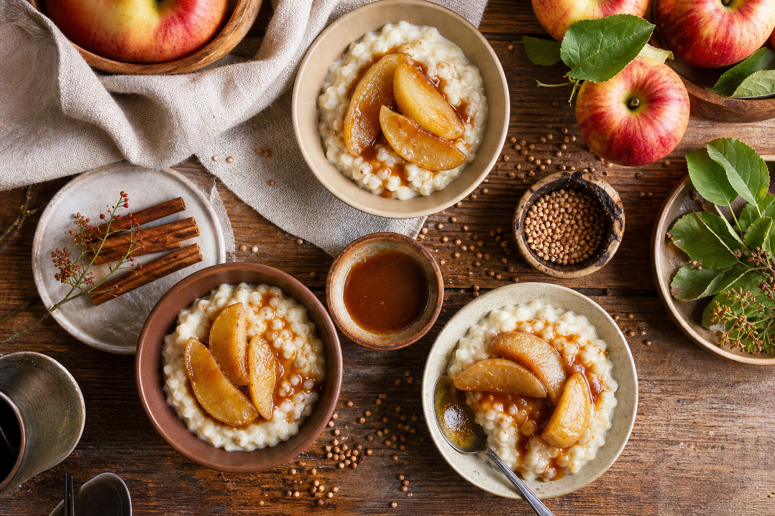 Riz au lait au caramel de sarrasin et pommes fondantes
