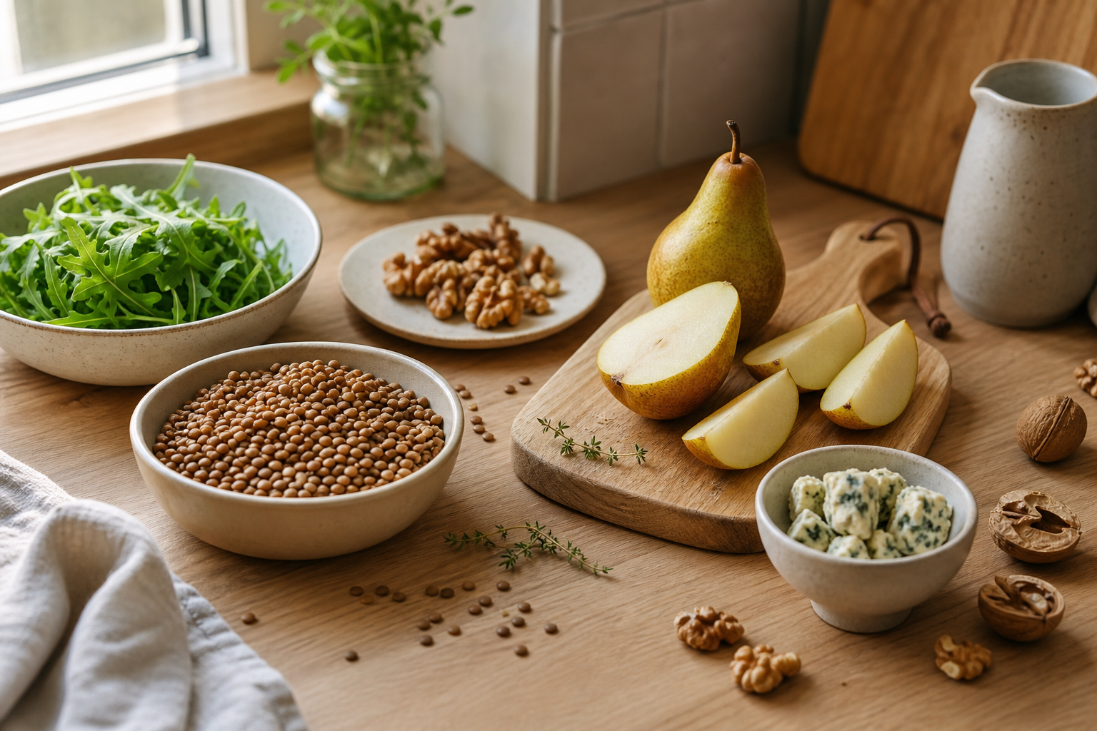 Salade tiède de lentilles blondes, poire rôtie, bleu et noix croquantes