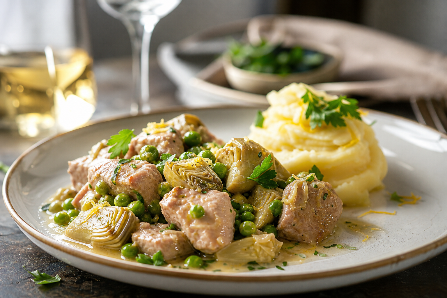 Sauté de veau aux petits pois, artichauts et sauce citronnée au vin blanc